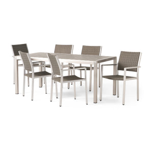 Cape Cora Outdoor 7 Piece Aluminum and Wicker Dining Set with Faux Wood Table Top, Gray Finish Noble House