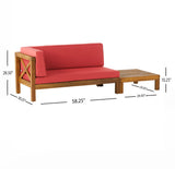 Brava Outdoor Acacia Wood Left Arm Loveseat and Coffee Table Set with Cushion, Teak and Red Noble House