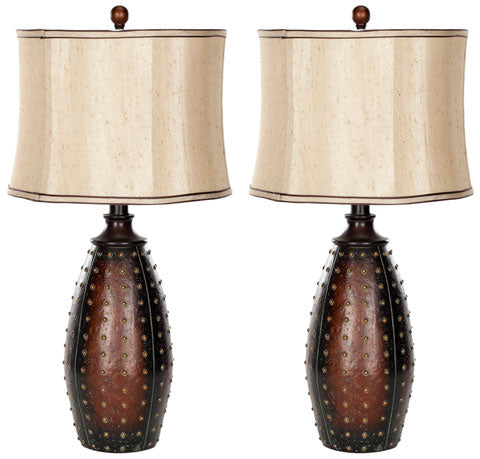 Safavieh - Set of 2 - Santa Lamp Faux Leather 28.5" Brown Beige Gold Polyester Resin LIT4038A-SET2 683726519522
