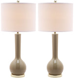 Safavieh - Set of 2 - Mae Table Lamp Long Neck Ceramic 30.5" Taupe Off White Gold Cotton LIT4091L-SET2 683726414377