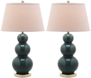 Safavieh - Set of 2 - Pamela Lamp Triple Gourd Ceramic 28" Marine Blue Off White Gold Cotton LIT4095C-SET2 683726559979