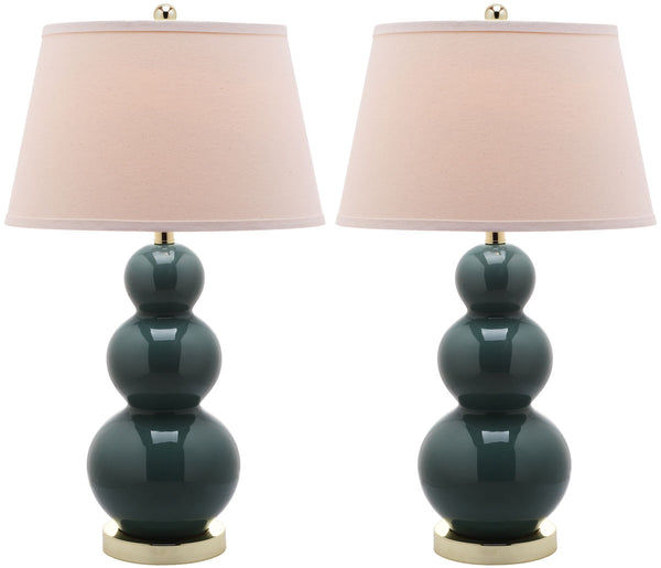 Safavieh - Set of 2 - Pamela Lamp Triple Gourd Ceramic 28" Marine Blue Off White Gold Cotton LIT4095C-SET2 683726559979