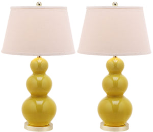 Safavieh - Set of 2 - Pamela Lamp Triple Gourd Ceramic 28" Mustard Gold Off White Cotton LIT4095H-SET2 683726560036