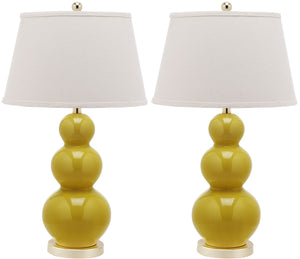 Safavieh - Set of 2 - Pamela Lamp Triple Gourd Ceramic 28" Mustard Gold Off White Cotton LIT4095H-SET2 683726560036