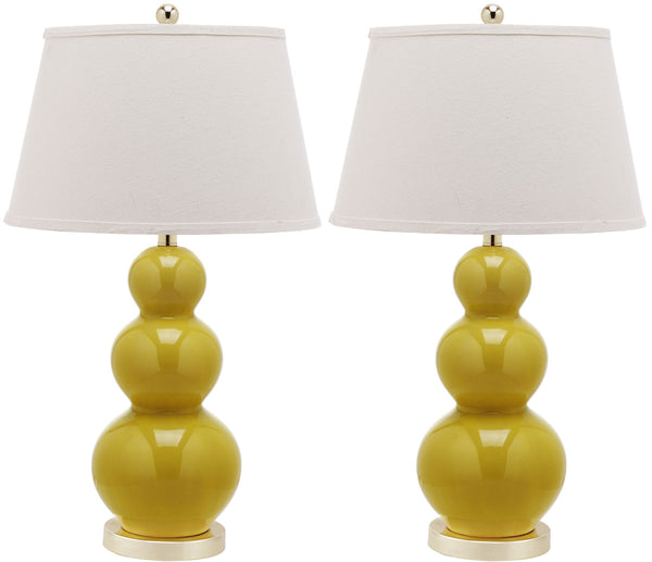 Safavieh - Set of 2 - Pamela Lamp Triple Gourd Ceramic 28" Mustard Gold Off White Cotton LIT4095H-SET2 683726560036
