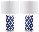 Safavieh - Set of 2 - Garden Table Lamp Lattice 27" Navy Off White Silver Clear Cotton Ceramic LIT4134A-SET2 683726715641