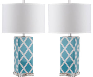 Safavieh - Set of 2 - Garden Table Lamp Lattice 27" Light Blue Off White Silver Clear Cotton Ceramic LIT4134B-SET2 683726715719