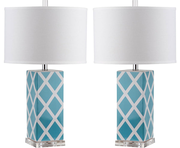 Safavieh - Set of 2 - Garden Table Lamp Lattice 27" Light Blue Off White Silver Clear Cotton Ceramic LIT4134B-SET2 683726715719