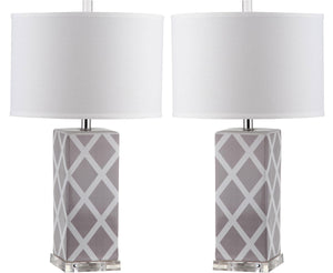 Safavieh - Set of 2 - Garden Table Lamp Lattice 27" Grey Off White Silver Clear Cotton Ceramic LIT4134C-SET2 683726715733