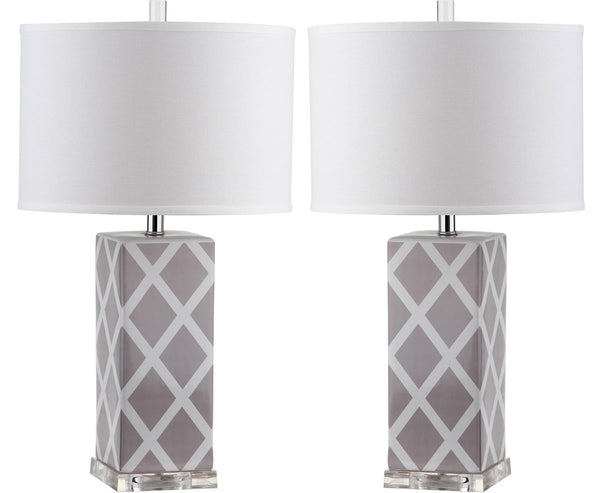 Safavieh - Set of 2 - Garden Table Lamp Lattice 27" Grey Off White Silver Clear Cotton Ceramic LIT4134C-SET2 683726715733