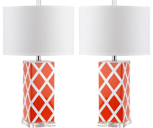 Safavieh - Set of 2 - Garden Table Lamp Lattice 27" Orange Off White Silver Clear Cotton Ceramic LIT4134D-SET2 683726715757
