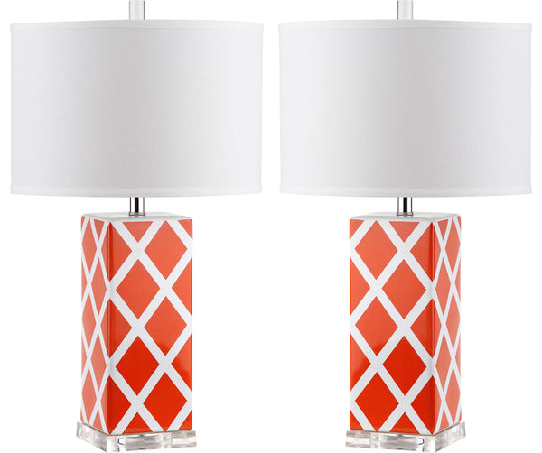 Safavieh - Set of 2 - Garden Table Lamp Lattice 27" Orange Off White Silver Clear Cotton Ceramic LIT4134D-SET2 683726715757