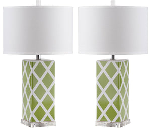 Safavieh - Set of 2 - Garden Table Lamp Lattice 27" Green Off White Silver Clear Cotton Ceramic LIT4134F-SET2 683726715825