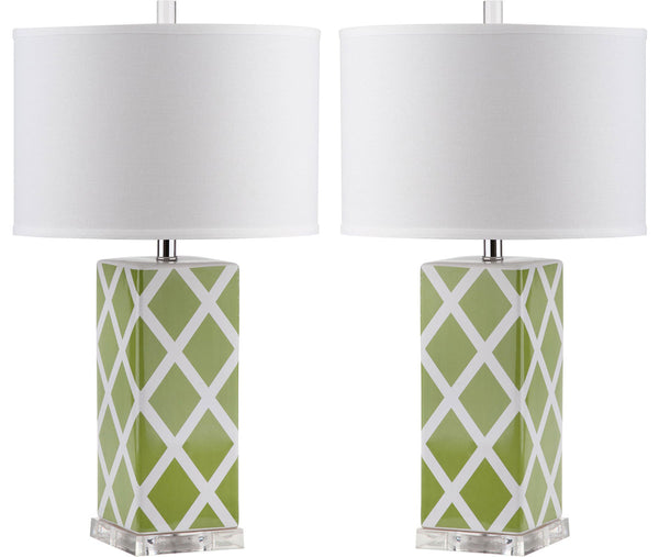 Safavieh - Set of 2 - Garden Table Lamp Lattice 27" Green Off White Silver Clear Cotton Ceramic LIT4134F-SET2 683726715825
