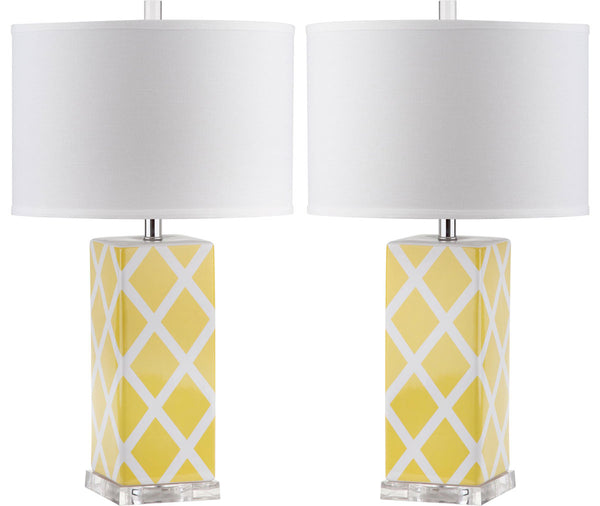Safavieh - Set of 2 - Garden Table Lamp Lattice 27" Yellow Off White Silver Clear Cotton Ceramic LIT4134G-SET2 683726715849