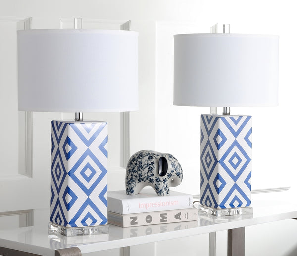 Diamonds Table Lamp Set of 2 - Modern Ceramic Design with Sleek Silver Accents and White Shade