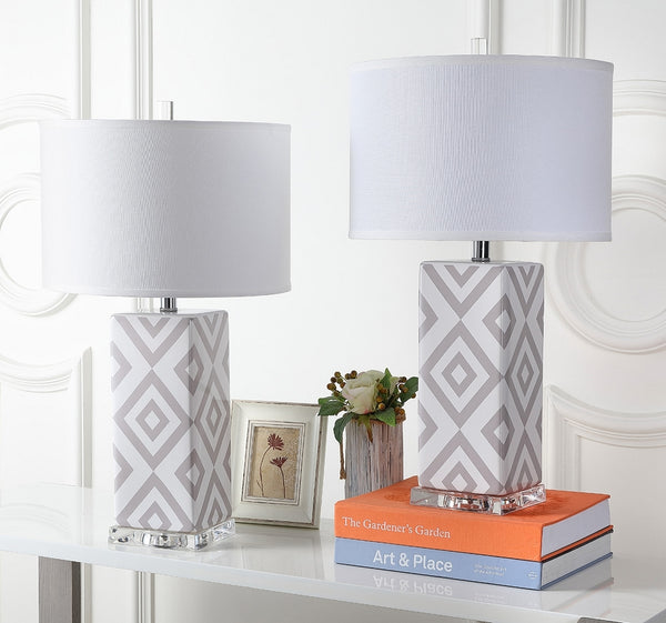 Diamonds Table Lamp Set of 2 - Modern Ceramic Design with Sleek Silver Accents and White Shade