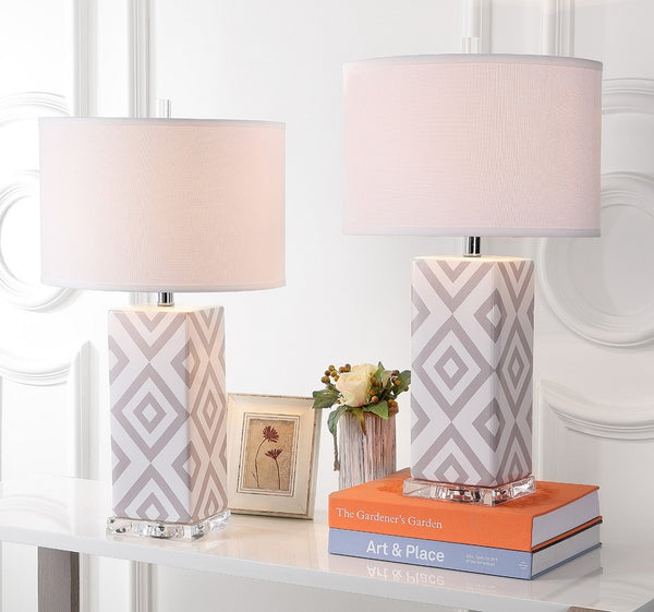 Diamonds Table Lamp Set of 2 - Modern Ceramic Design with Sleek Silver Accents and White Shade