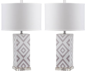 Diamonds Table Lamp Set of 2 - Modern Ceramic Design with Sleek Silver Accents and White Shade