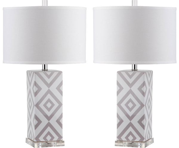 Diamonds Table Lamp Set of 2 - Modern Ceramic Design with Sleek Silver Accents and White Shade