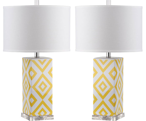 Diamonds Table Lamp Set of 2 - Modern Ceramic Design with Sleek Silver Accents and White Shade