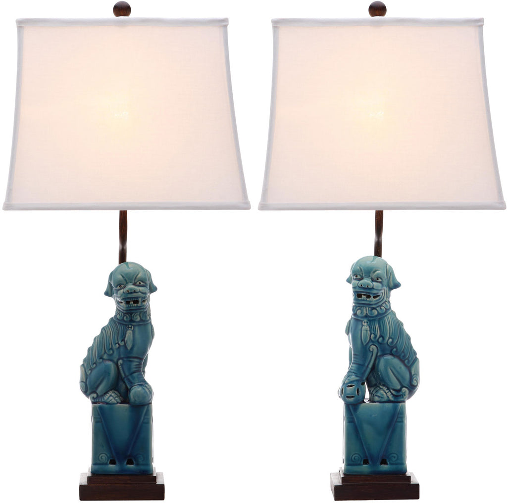 Safavieh - Set of 2 - Foo Dog Table Lamp 28.5" Blue Off White Brown Gold Cotton Ceramic LIT4137A-SET2 683726716617