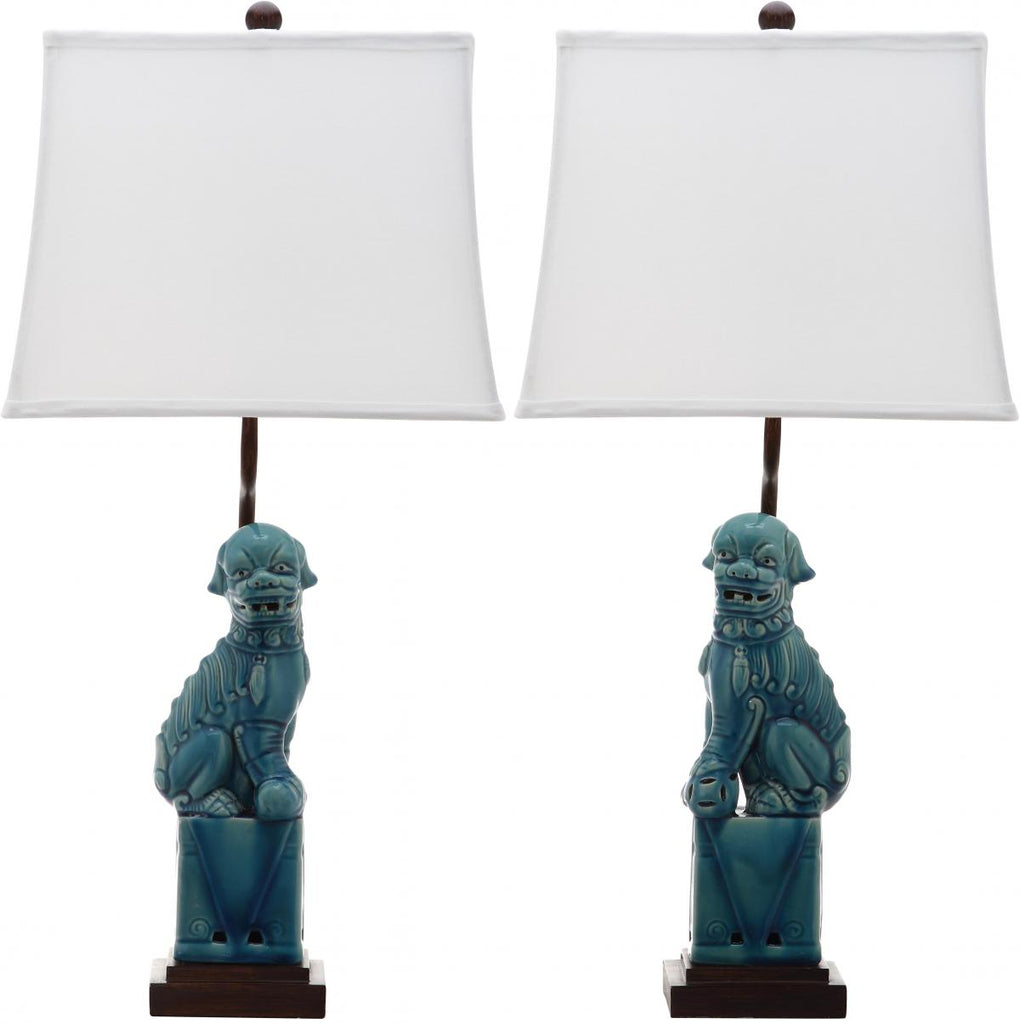 Safavieh - Set of 2 - Foo Dog Table Lamp 28.5" Blue Off White Brown Gold Cotton Ceramic LIT4137A-SET2 683726716617