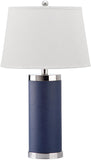 Safavieh - Set of 2 - Table Lamp Leather Column 25" Navy Off White Silver Chrome Cotton PU LIT4144A-SET2 683726716891