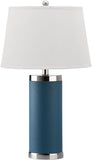 Safavieh - Set of 2 - Table Lamp Leather Column 25" Light Blue Off White Silver Chrome Cotton PU LIT4144B-SET2 683726716914