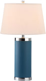 Safavieh - Set of 2 - Table Lamp Leather Column 25" Light Blue Off White Silver Chrome Cotton PU LIT4144B-SET2 683726716914