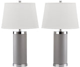 Safavieh - Set of 2 - Table Lamp Leather Column 25" Grey Off White Silver Chrome Cotton PU LIT4144C-SET2 683726716938