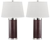 Safavieh - Set of 2 - Table Lamp Leather Column 25" Brown Off White Silver Chrome Cotton PU LIT4144D-SET2 683726716952