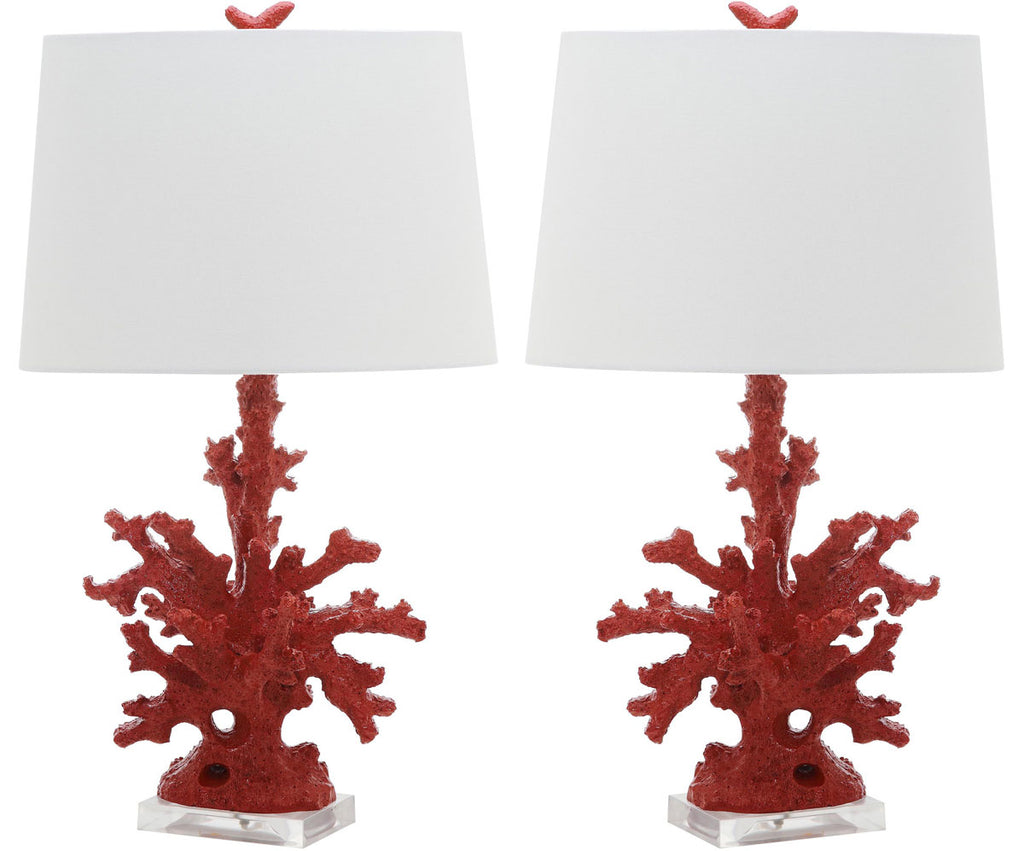 Safavieh - Set of 2 - Table Lamp Coral Branch 28.5" Red Off White Silver Cotton Resin LIT4161B-SET2 683726718154