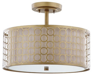 Safavieh Giotta Semi Flush Circle Trellis 3 Light 16" Antique Gold Cream Polyester Metal LIT4202A 683726360902