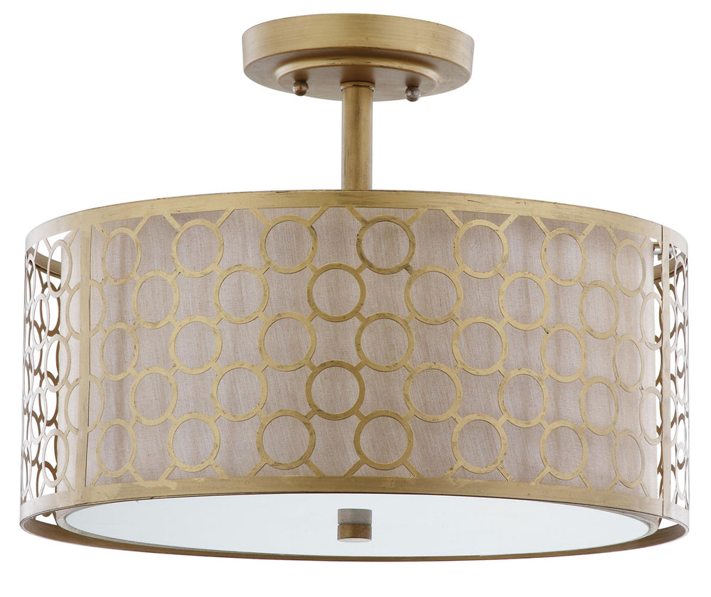 Safavieh Giotta Semi Flush Circle Trellis 3 Light 16" Antique Gold Cream Polyester Metal LIT4202A 683726360902