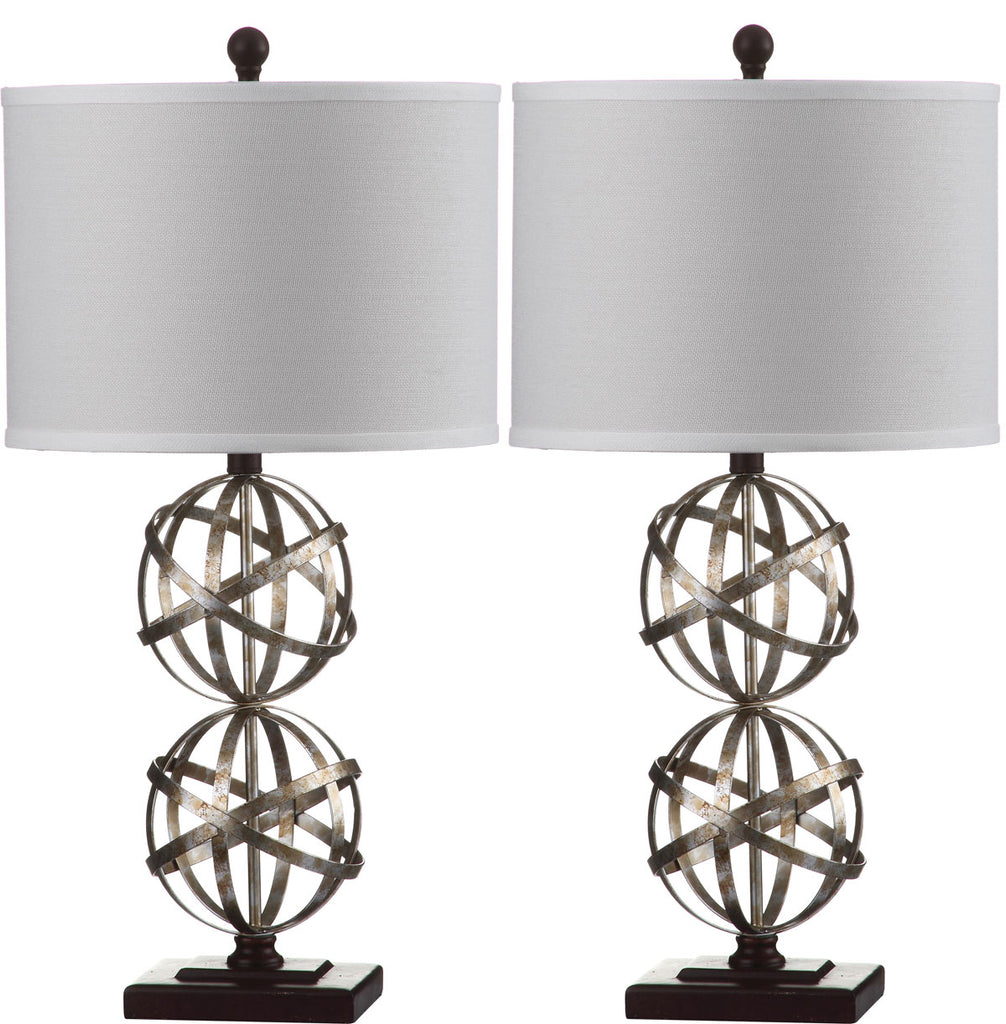 Safavieh - Set of 2 - Haley Table Lamp Double Spher 28" Antique Silver Off White Brown Gold Cotton Metal LIT4321A-SET2 683726437567