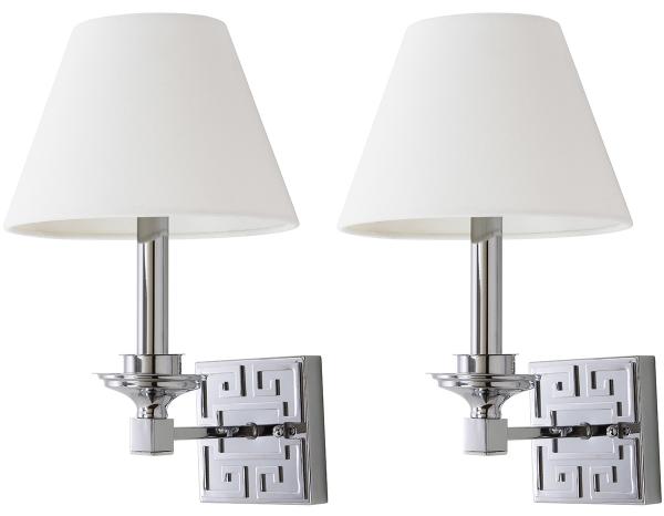 Safavieh - Set of 2 - Elvira Wall Sconce Greek Key 15" Chrome Off White Cotton Iron LIT4410A-SET2 889048118935