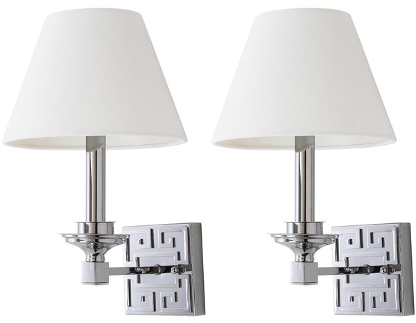 Safavieh - Set of 2 - Elvira Wall Sconce Greek Key 15" Chrome Off White Cotton Iron LIT4410A-SET2 889048118935