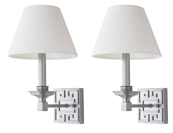 Safavieh - Set of 2 - Elvira Wall Sconce Greek Key 15" Silver Off White Cotton Iron LIT4410B-SET2 889048118942