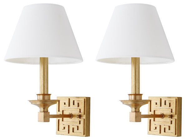 Safavieh - Set of 2 - Elvira Wall Sconce Greek Key 15" Gold Off White Cotton Iron LIT4410C-SET2 889048118959
