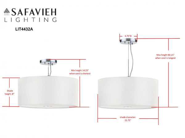 Safavieh Molly Pendant Adjustable 3 Light 16" Chrome Cream Satin Polyester Iron Fabric Acylic LIT4432A 889048145085