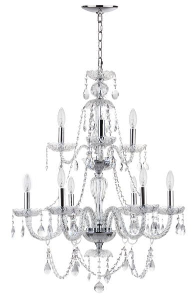 Safavieh Aura Chandelier Adjustable Beaded 9 Light 26" Chrome Clear Iron Glass Crystal LIT4434A 889048145108