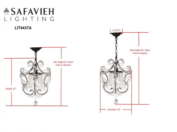 Safavieh Luna Chandelier Adjustable 1 Light 12" Brown Iron Crystal LIT4437A 889048145139
