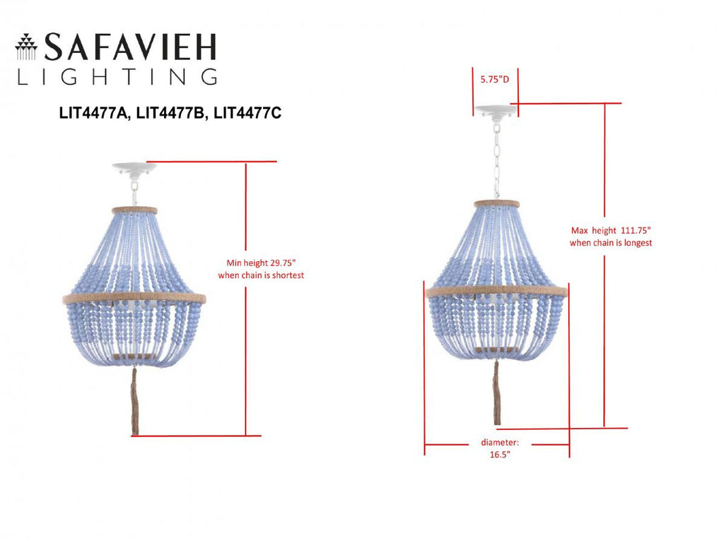 Safavieh Lush Kristi Pendant Beaded 3 Light 16.5" Blue White Acrylic Metal LIT4477A 889048147119