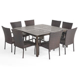 Bullpond Outdoor Aluminum and Wicker 8 Seater Dining Set with Stacking Chairs, Gloss Black and Multibrown Noble House