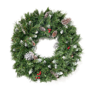 24" Mixed Spruce Pre-Lit Warm White LED Artificial Christmas Wreath with Frosted Branches, Red Berries and Pinecones