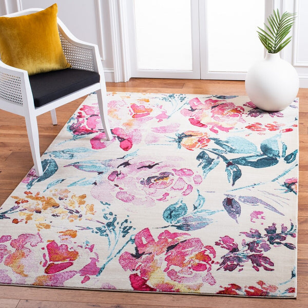 Lillian 300 Lillian 376 Country & Floral Power Loomed Polypropylene Pile Rug Ivory / Rose