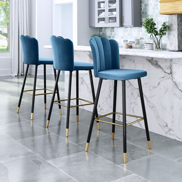 Zuo Modern Zinclair 100% Polyester, Plywood, Steel Modern Commercial Grade Barstool Blue, Gold 100% Polyester, Plywood, Steel