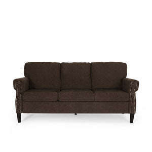 Burkehaven Contemporary Fabric 3 Seater Sofa with Nailhead Trim, Brown and Dark Brown Noble House