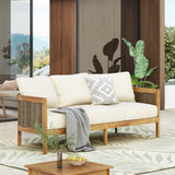 Burchett Outdoor Acacia Wood and Round Wicker 3 Seater Sofa with Cushions, Teak, Mixed Brown, and Beige Noble House